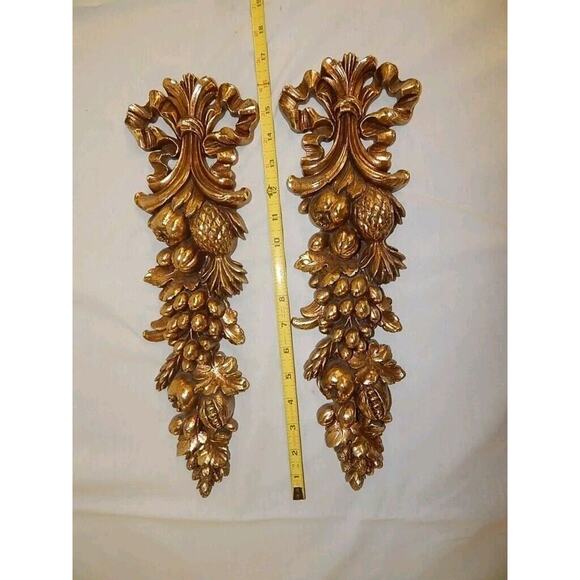 Syroco MCM Hollywood Regency Gold Gilt Fruit Vertical Garland Wall Decor S2 Wood - Picture 3 of 6